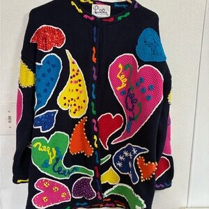 Lilly Pulitzer Beaded Heart Cardigan Sweater Large All Over Print Embroidery VTG